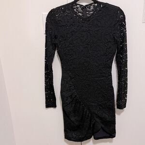 Black Floral Lace Sheer Long Sleeve Woman’s Ruched Dress. Size XS.